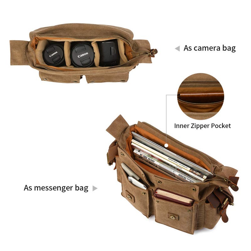 Kattee Leather Canvas Camera Bags for Men Vintage DSLR SLR Messenger Shoulder Bags Khaki - Image 4
